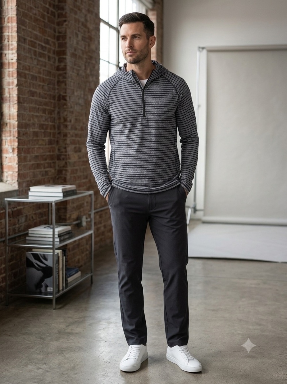Lululemon Sweat Session Hoodie Striped 1/4 Zip Athletic Gym Grey Size XL.